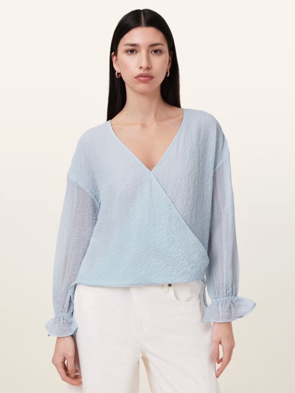AllSaints Penny Seersucker Wrap Blouse US 6 Light Blue Textured Top Romantic